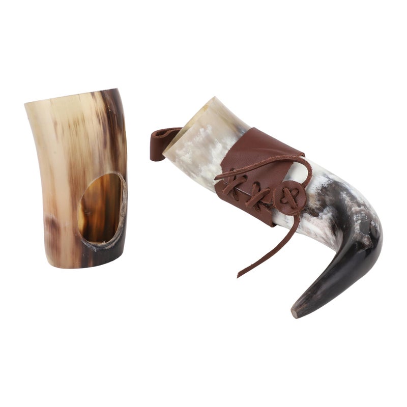 Brainmart Viking Drinking Horn Mug & Cup Set | 6-Piece Collection with 16oz Dire Wolf Engraved Mead & Beer Mug, Shot Glass, Bottle Opener, Leather Strap, Drinking Horn & Stand | Norse Gift for Men - Image 4